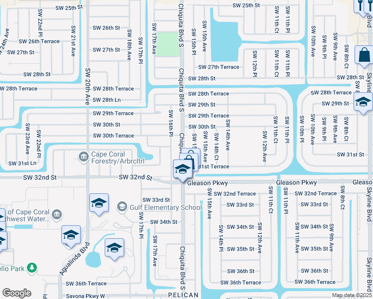 map of restaurants, bars, coffee shops, grocery stores, and more near 3031 Chiquita Boulevard South in Cape Coral