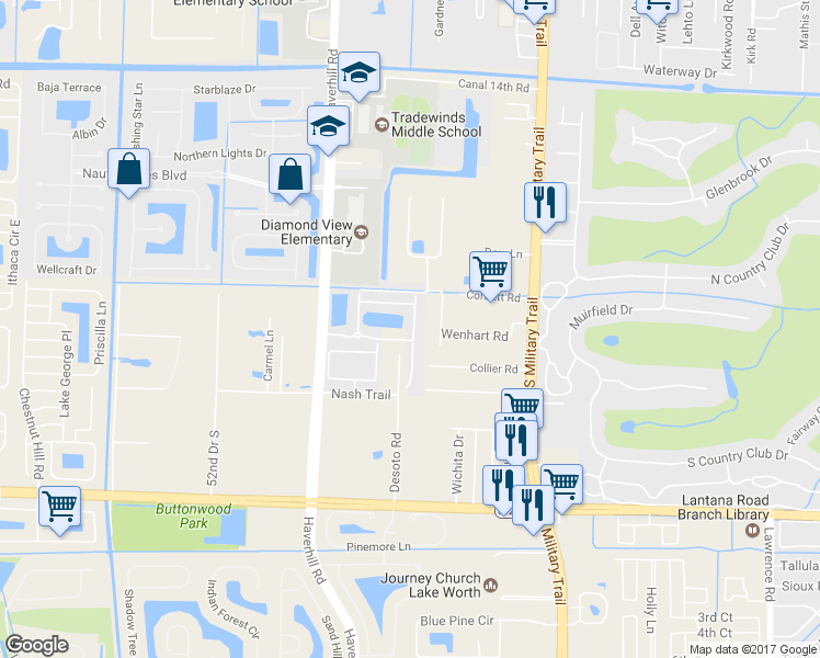 map of restaurants, bars, coffee shops, grocery stores, and more near 4305 Cohune Palm Court in Greenacres