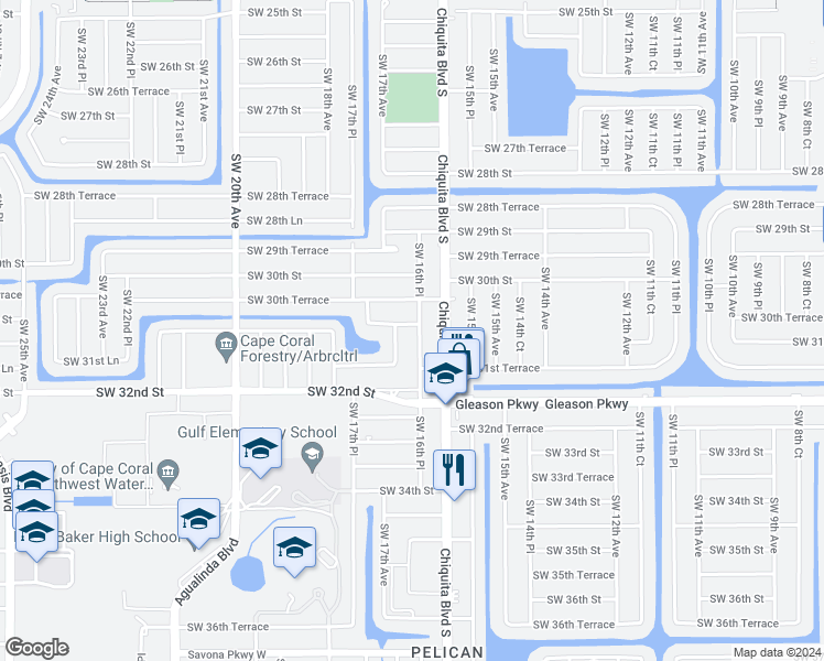 map of restaurants, bars, coffee shops, grocery stores, and more near 1616 Southwest 31th Street in Cape Coral