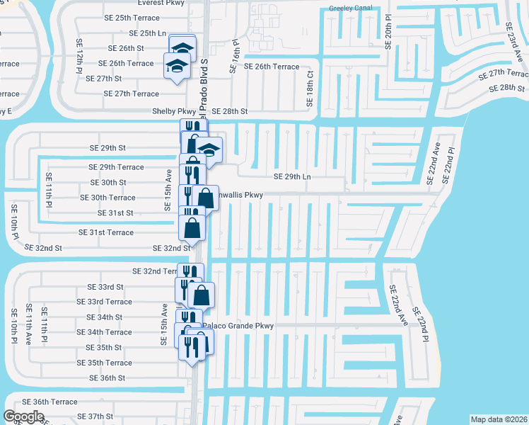 map of restaurants, bars, coffee shops, grocery stores, and more near 3013 Southeast 17th Place in Cape Coral