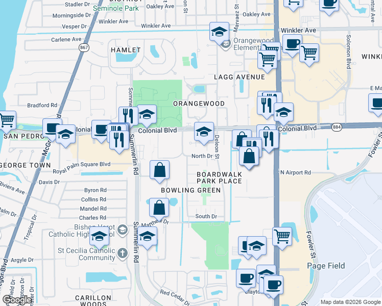 map of restaurants, bars, coffee shops, grocery stores, and more near 1631 North Drive in Fort Myers