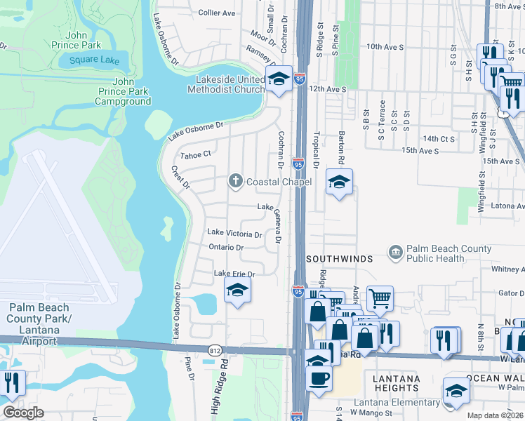 map of restaurants, bars, coffee shops, grocery stores, and more near 1301 Lake Geneva Drive in Lake Worth