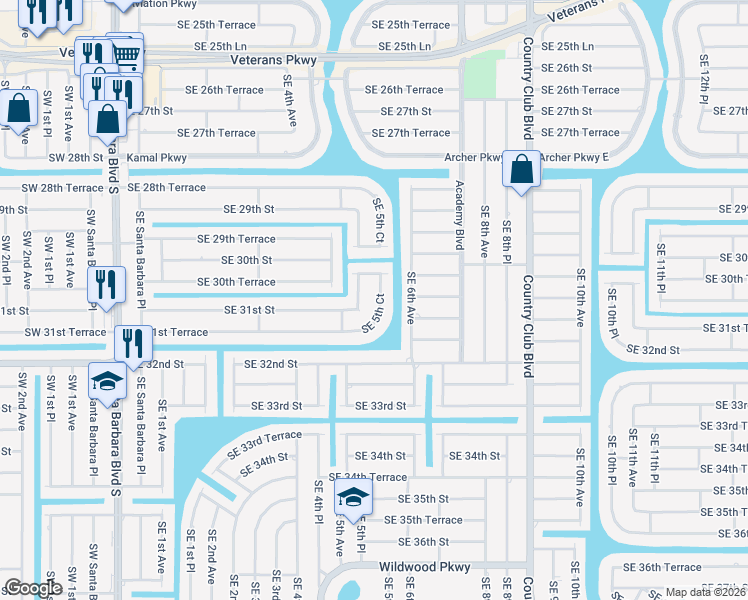 map of restaurants, bars, coffee shops, grocery stores, and more near 3030 Southeast 5th Court in Cape Coral