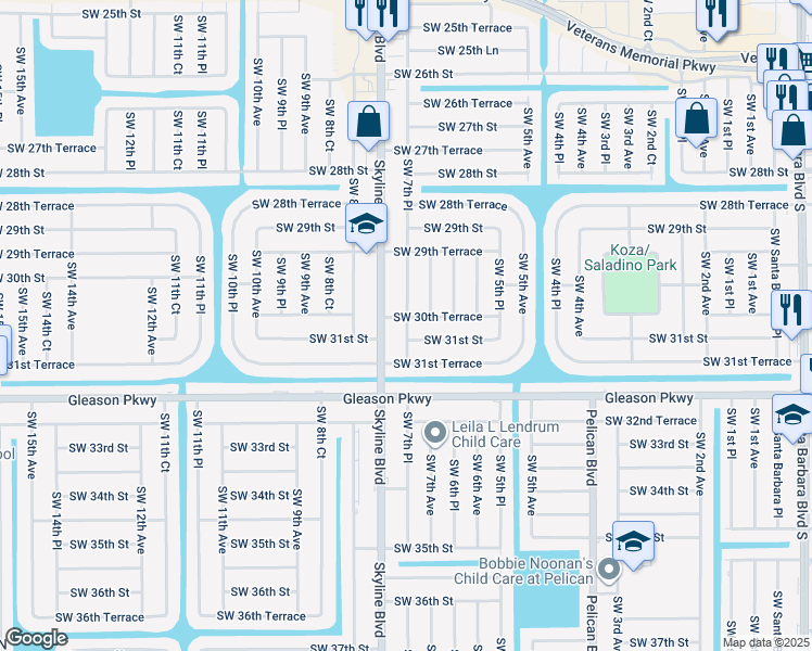 map of restaurants, bars, coffee shops, grocery stores, and more near 3024 Southwest 7th Place in Cape Coral