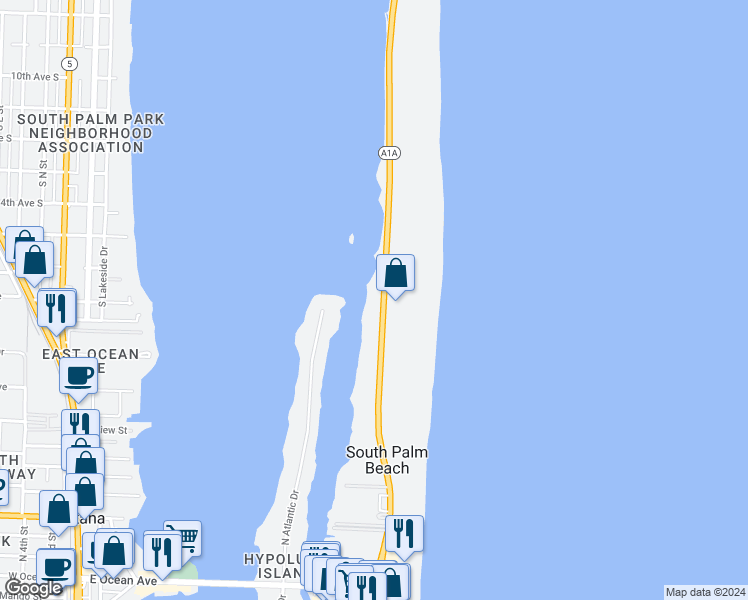 map of restaurants, bars, coffee shops, grocery stores, and more near 3460 South Ocean Boulevard in Palm Beach