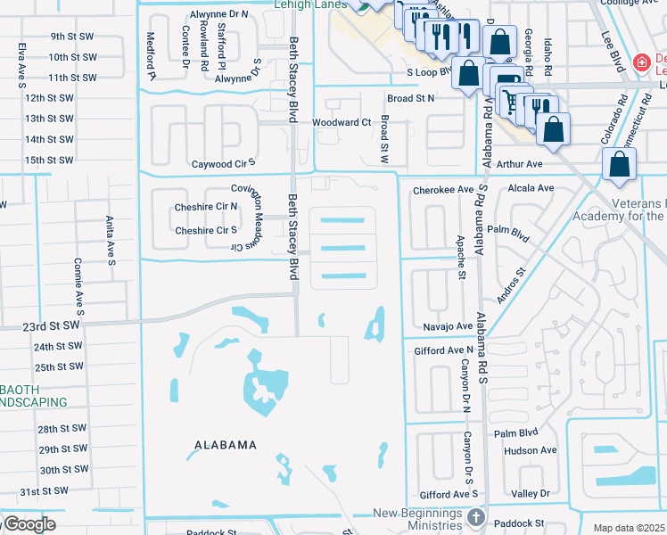 map of restaurants, bars, coffee shops, grocery stores, and more near 18291 Minorea Lane in Lehigh Acres