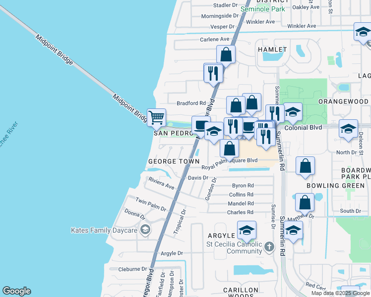 map of restaurants, bars, coffee shops, grocery stores, and more near 6 George Town in Fort Myers