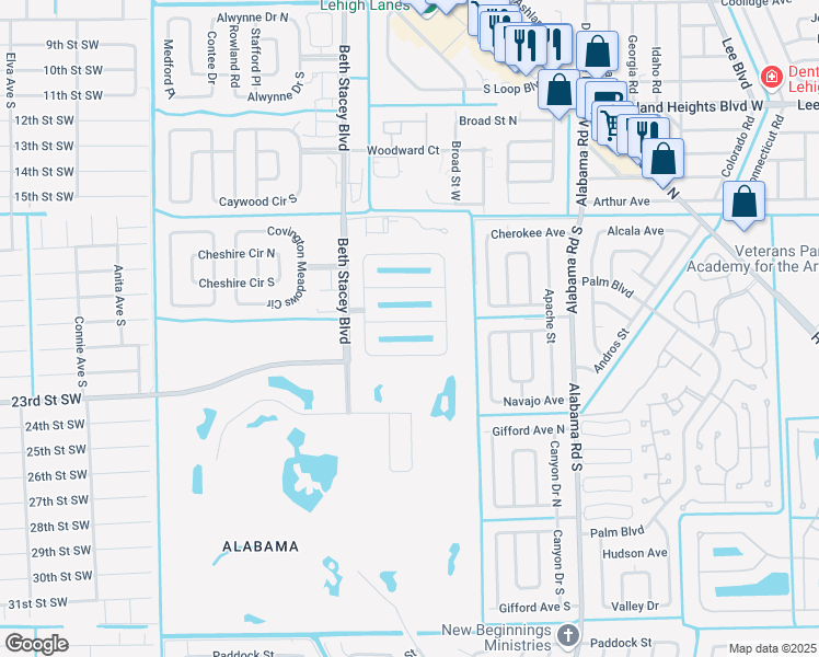 map of restaurants, bars, coffee shops, grocery stores, and more near 18291 Minorea Ln in Lehigh Acres