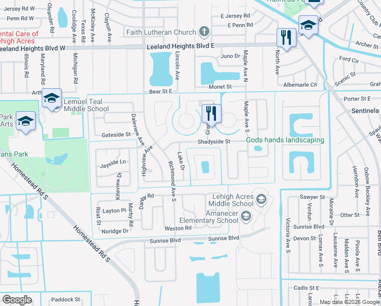 map of restaurants, bars, coffee shops, grocery stores, and more near 215 South Lake Drive in Lehigh Acres