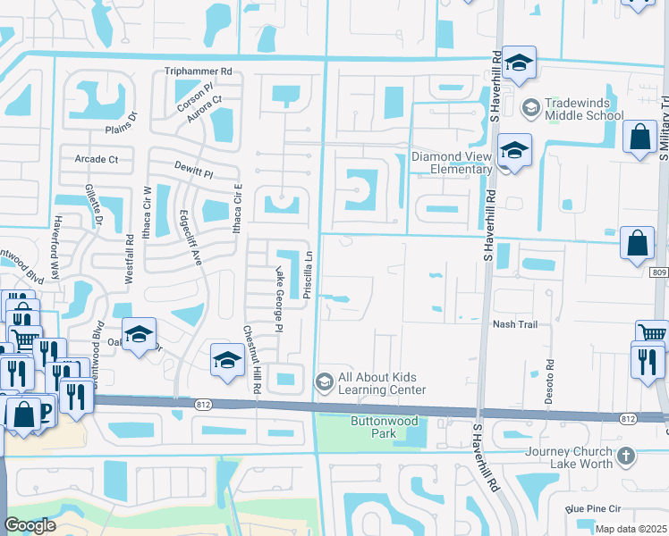 map of restaurants, bars, coffee shops, grocery stores, and more near 5555 Oldsmobile Drive in Lake Worth