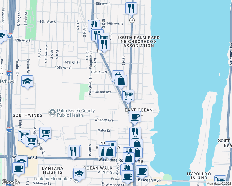 map of restaurants, bars, coffee shops, grocery stores, and more near 601 Latona Avenue in Lake Worth Beach