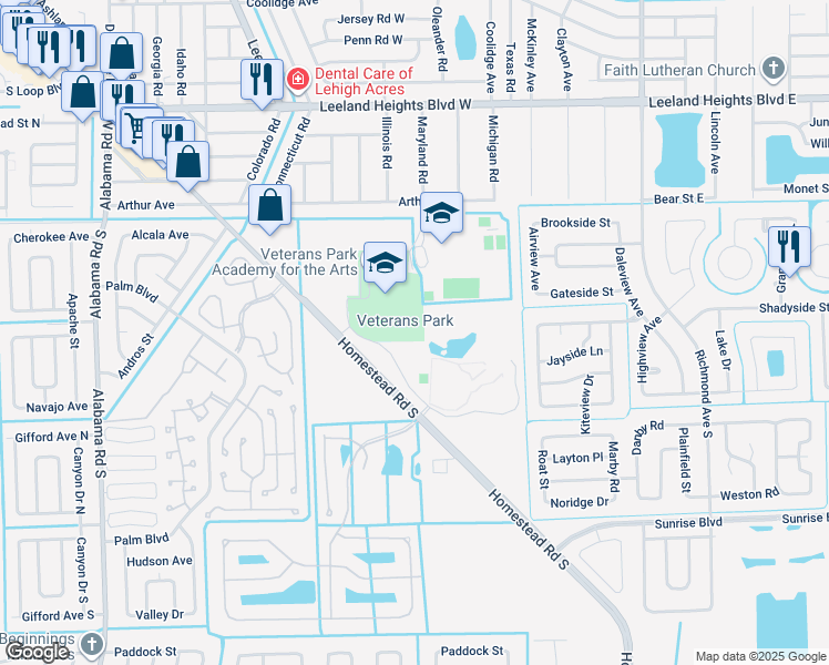 map of restaurants, bars, coffee shops, grocery stores, and more near 55 Homestead Road South in Lehigh Acres