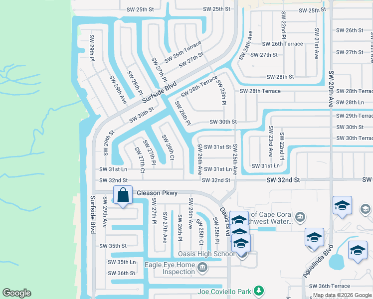 map of restaurants, bars, coffee shops, grocery stores, and more near 3105 Southwest 26th Place in Cape Coral