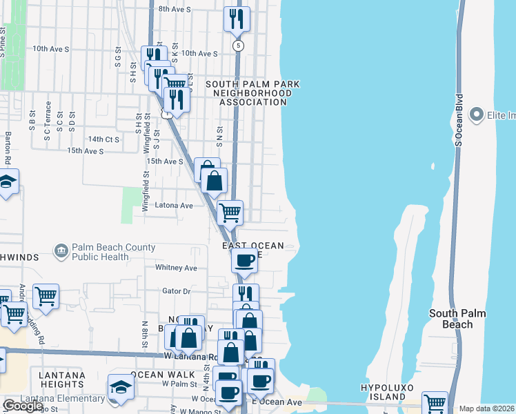 map of restaurants, bars, coffee shops, grocery stores, and more near 1629 South Lakeside Drive in Lake Worth Beach