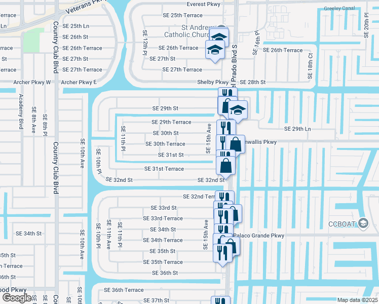 map of restaurants, bars, coffee shops, grocery stores, and more near 1417 Southeast 31st Street in Cape Coral