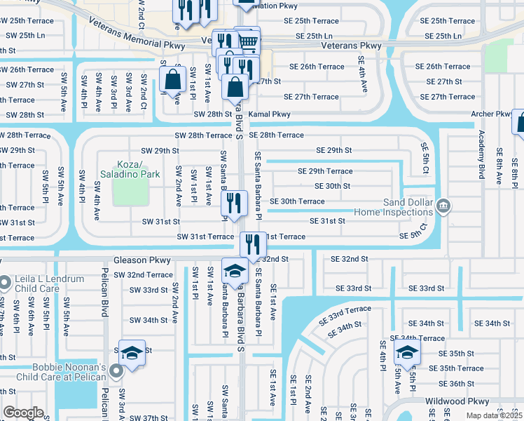 map of restaurants, bars, coffee shops, grocery stores, and more near 3021 Southeast Santa Barbara Place in Cape Coral