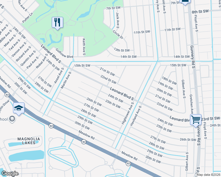 map of restaurants, bars, coffee shops, grocery stores, and more near 4643 Leonard Boulevard South in Lehigh Acres