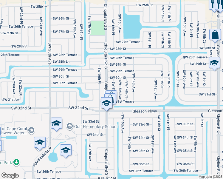 map of restaurants, bars, coffee shops, grocery stores, and more near 3031 Chiquita Boulevard South in Cape Coral