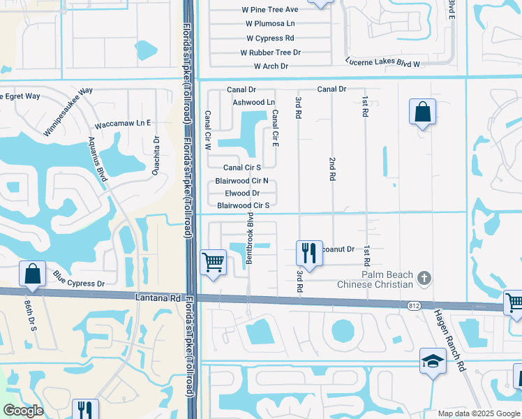 map of restaurants, bars, coffee shops, grocery stores, and more near 7785 Bishopwood Road in Lake Worth
