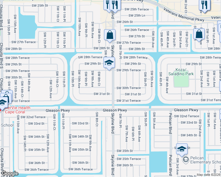 map of restaurants, bars, coffee shops, grocery stores, and more near 3025 Southwest 8th Place in Cape Coral