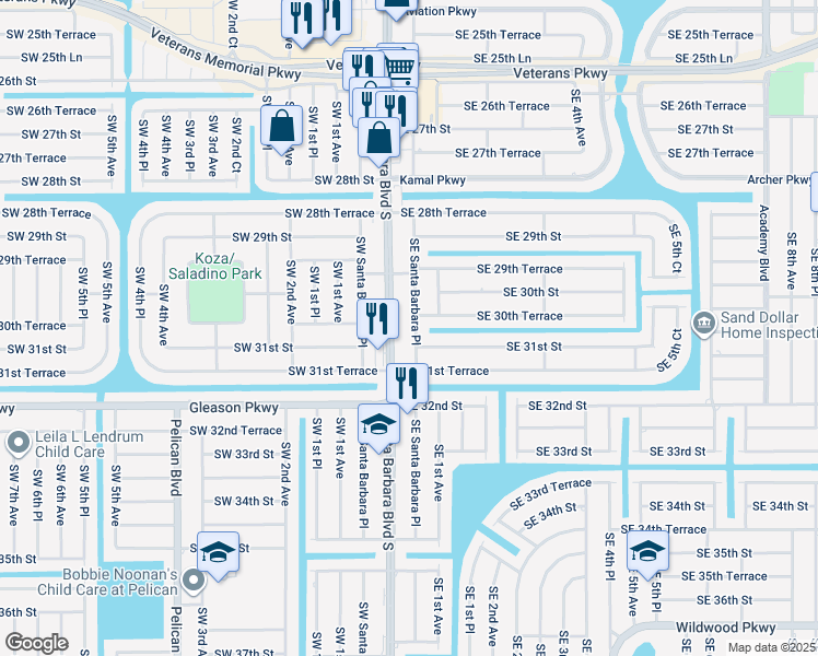 map of restaurants, bars, coffee shops, grocery stores, and more near 3026 Southeast Santa Barbara Place in Cape Coral