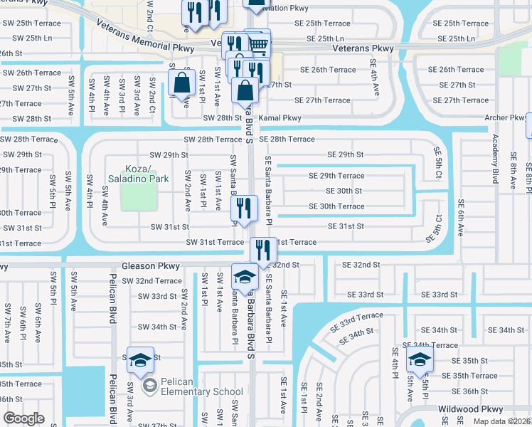 map of restaurants, bars, coffee shops, grocery stores, and more near 3026 Southeast Santa Barbara Place in Cape Coral