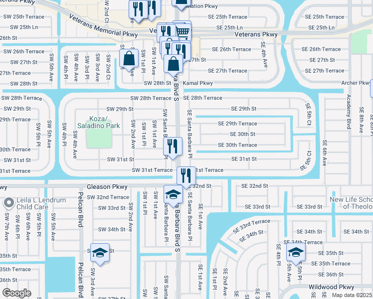 map of restaurants, bars, coffee shops, grocery stores, and more near 3026 Southeast Santa Barbara Place in Cape Coral