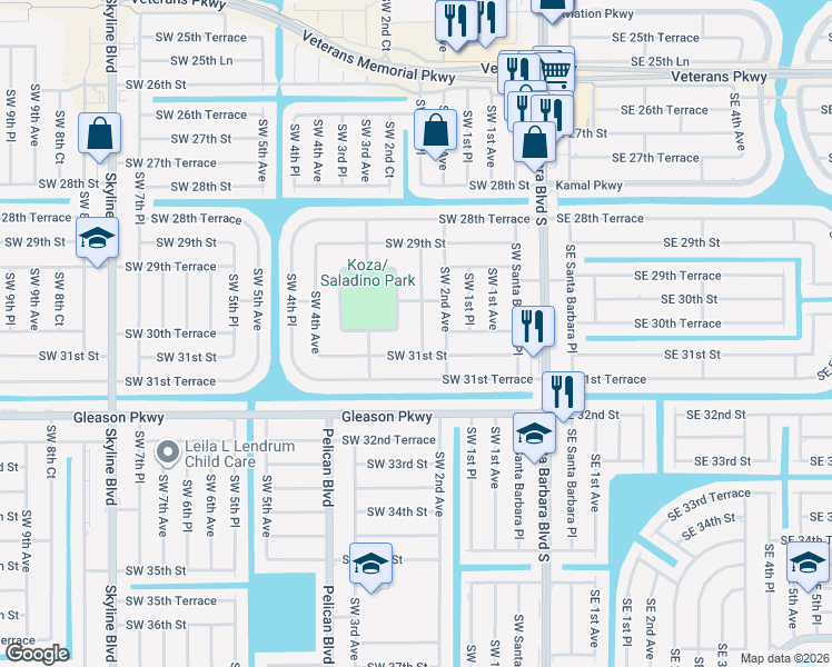 map of restaurants, bars, coffee shops, grocery stores, and more near 3018 Southwest 2nd Place in Cape Coral