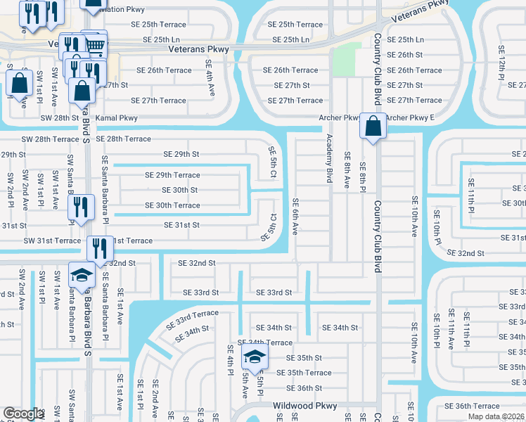 map of restaurants, bars, coffee shops, grocery stores, and more near 3030 Southeast 5th Court in Cape Coral