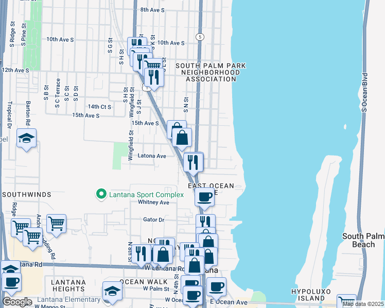 map of restaurants, bars, coffee shops, grocery stores, and more near 1702 South Dixie Highway in Lake Worth