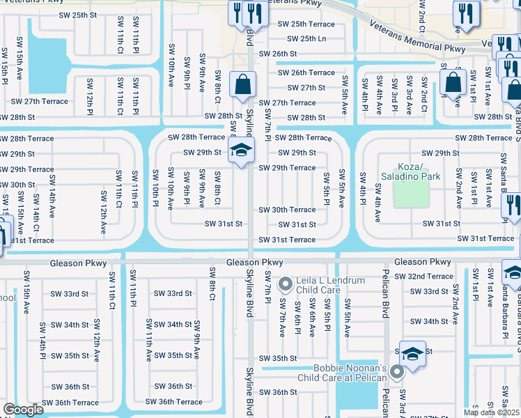 map of restaurants, bars, coffee shops, grocery stores, and more near 3024 Southwest 7th Place in Cape Coral