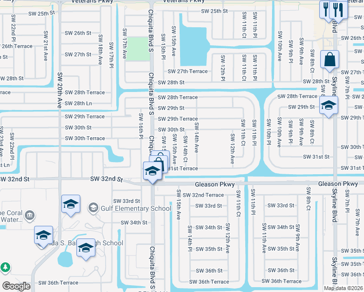 map of restaurants, bars, coffee shops, grocery stores, and more near 3031 Southwest 15th Avenue in Cape Coral