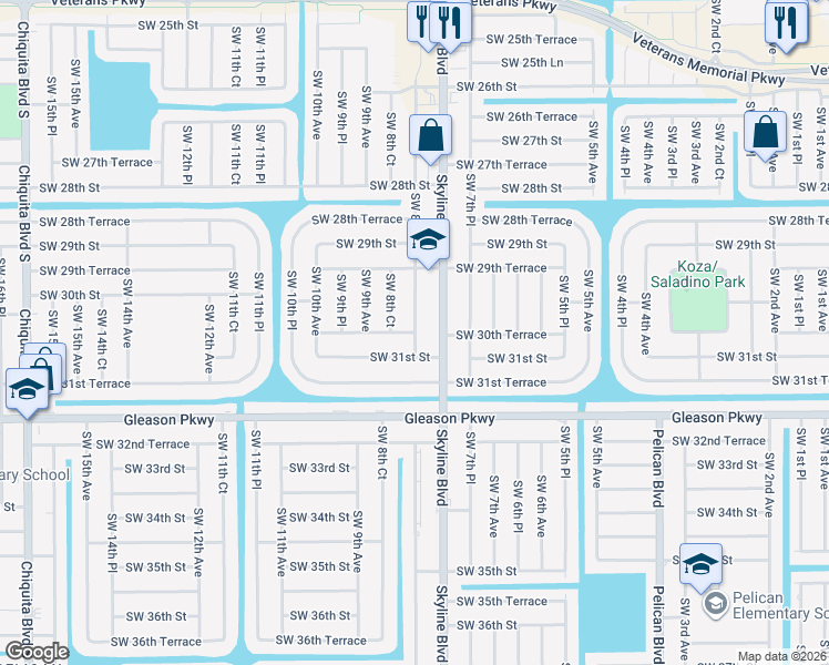 map of restaurants, bars, coffee shops, grocery stores, and more near 3025 Southwest 8th Place in Cape Coral