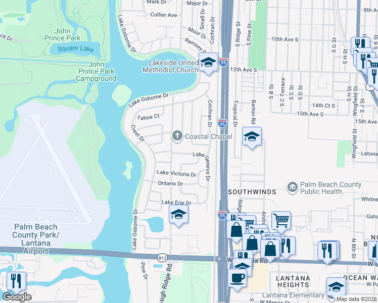 map of restaurants, bars, coffee shops, grocery stores, and more near 1301 Lake Geneva Drive in Lake Worth