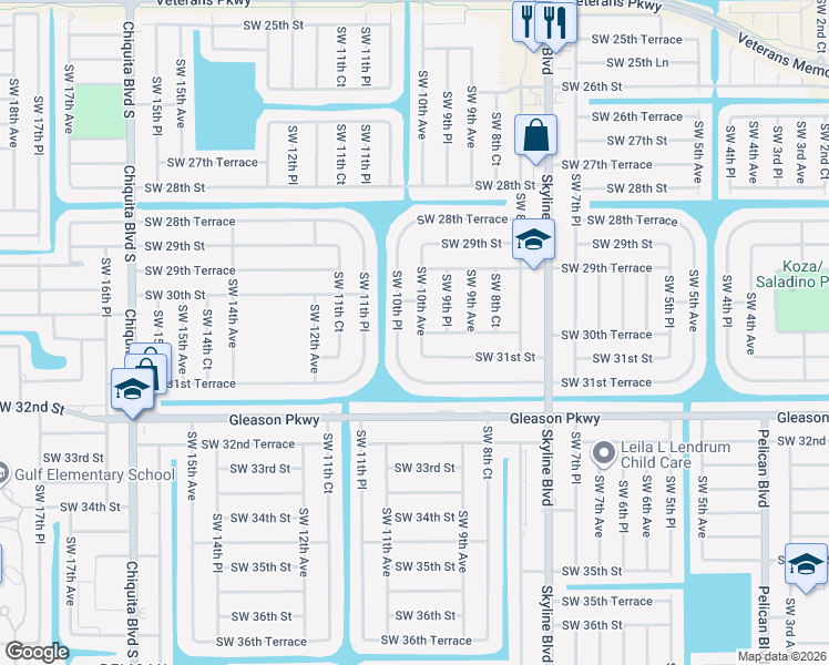 map of restaurants, bars, coffee shops, grocery stores, and more near 3026 Southwest 10th Avenue in Cape Coral