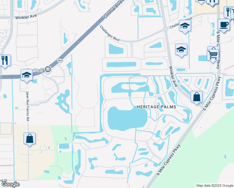 map of restaurants, bars, coffee shops, grocery stores, and more near I Queen Palm Lane in Fort Myers