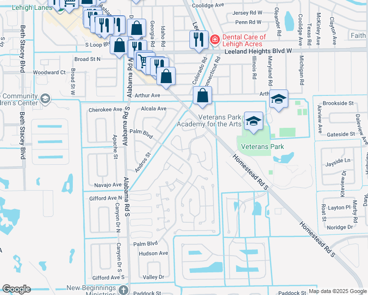 map of restaurants, bars, coffee shops, grocery stores, and more near 40 Pinewood Boulevard in Lehigh Acres