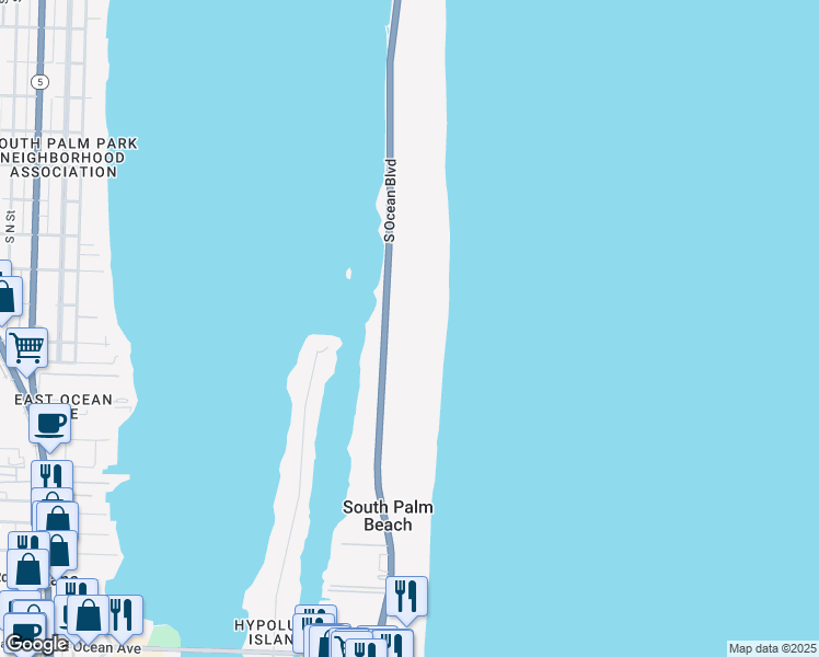 map of restaurants, bars, coffee shops, grocery stores, and more near 3460 South Ocean Boulevard in Palm Beach