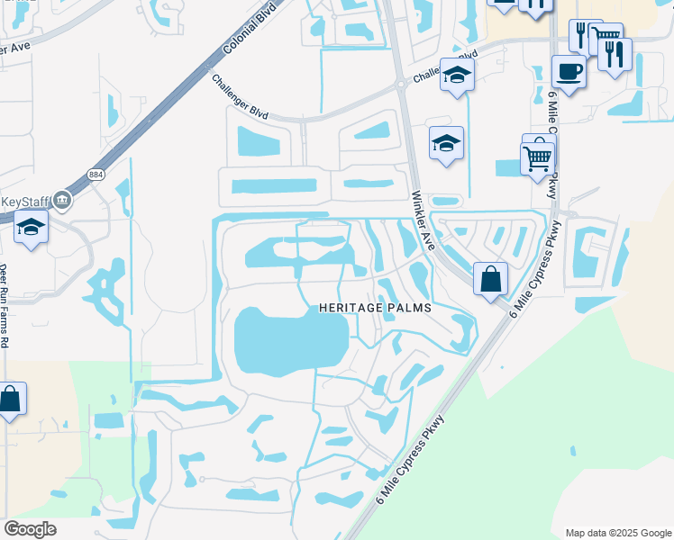 map of restaurants, bars, coffee shops, grocery stores, and more near I Queen Palm Lane in Fort Myers