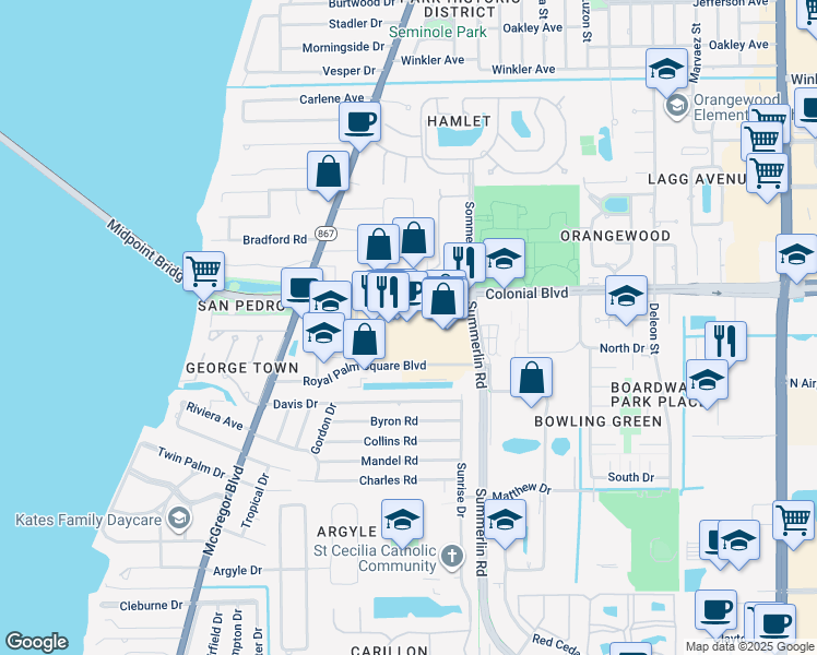 map of restaurants, bars, coffee shops, grocery stores, and more near 1400 Colonial Boulevard in Fort Myers