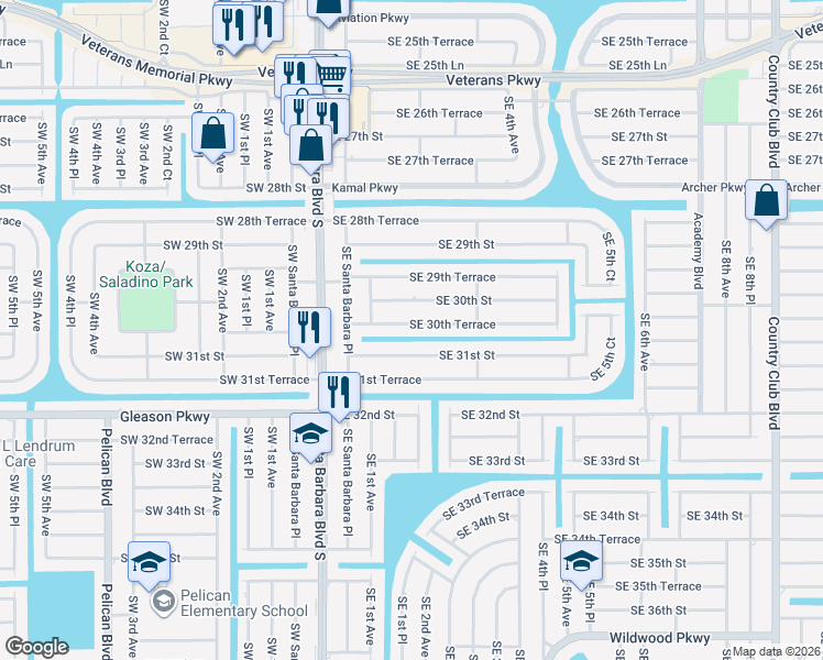 map of restaurants, bars, coffee shops, grocery stores, and more near 202 Southeast 30th Terrace in Cape Coral