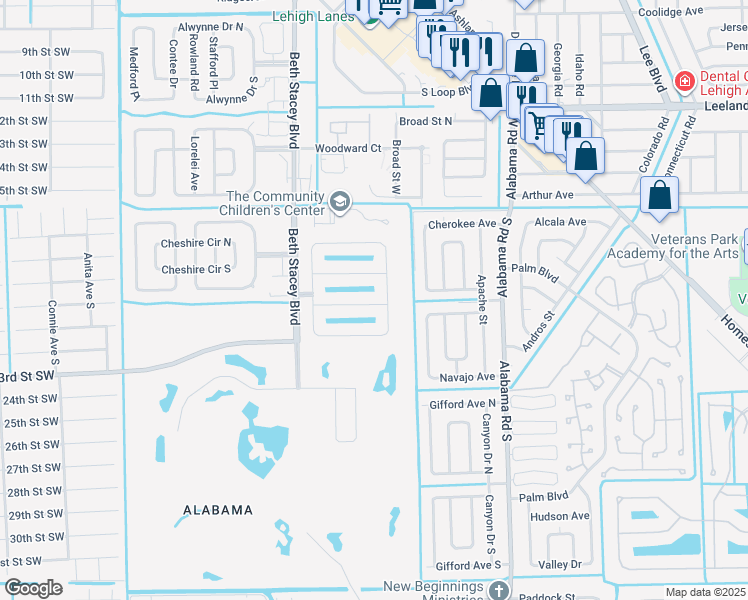 map of restaurants, bars, coffee shops, grocery stores, and more near 18322 Minorea Lane in Lehigh Acres