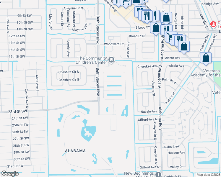 map of restaurants, bars, coffee shops, grocery stores, and more near 18291 Minorea Lane in Lehigh Acres