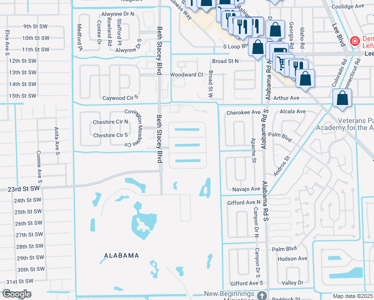 map of restaurants, bars, coffee shops, grocery stores, and more near 18282 Minorea Lane in Lehigh Acres