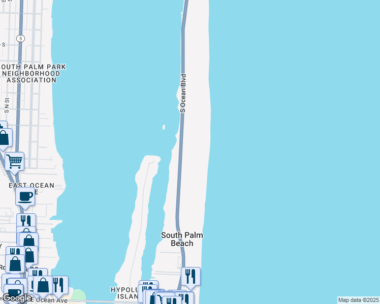 map of restaurants, bars, coffee shops, grocery stores, and more near 3450 South Ocean Boulevard in Palm Beach