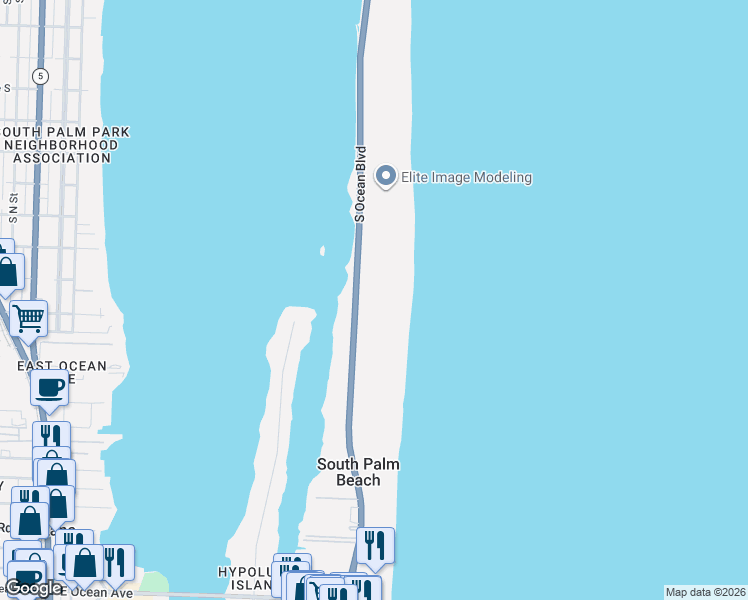 map of restaurants, bars, coffee shops, grocery stores, and more near 3460 South Ocean Boulevard in Palm Beach