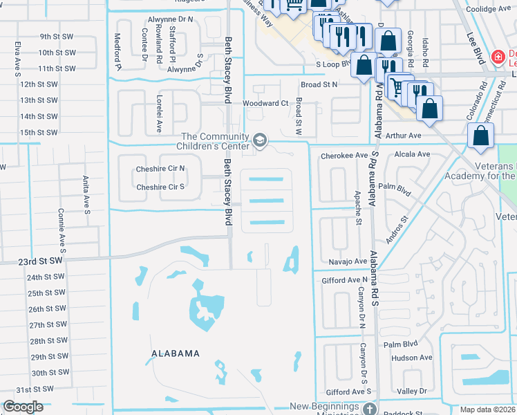 map of restaurants, bars, coffee shops, grocery stores, and more near 18291 Minorea Lane in Lehigh Acres