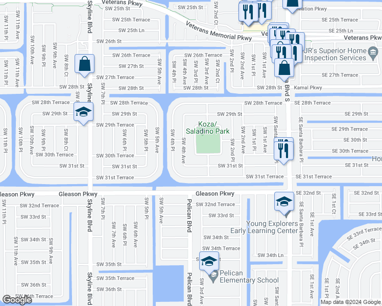 map of restaurants, bars, coffee shops, grocery stores, and more near 3016 Southwest 3rd Place in Cape Coral