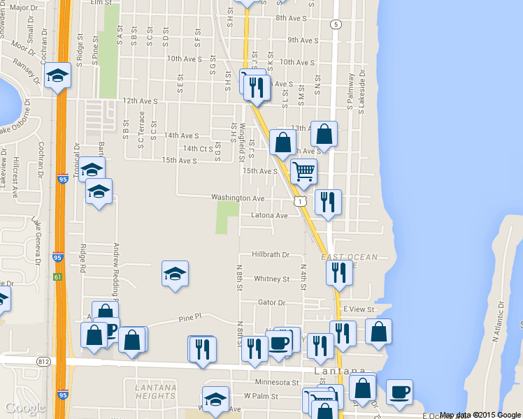 map of restaurants, bars, coffee shops, grocery stores, and more near 1616 Johnson Street in Lake Worth