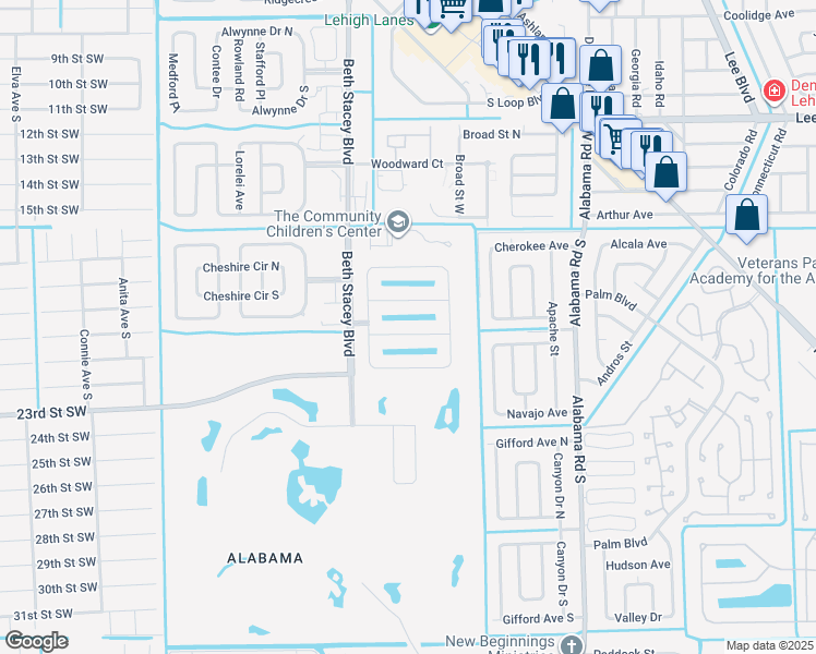 map of restaurants, bars, coffee shops, grocery stores, and more near 18282 Minorea Lane in Lehigh Acres